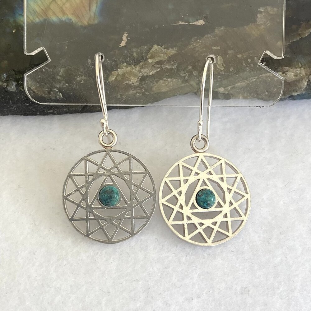 Sterling Silver Openwork Round Mandala Trinity Star Chrysocolla Dangle Earrings
